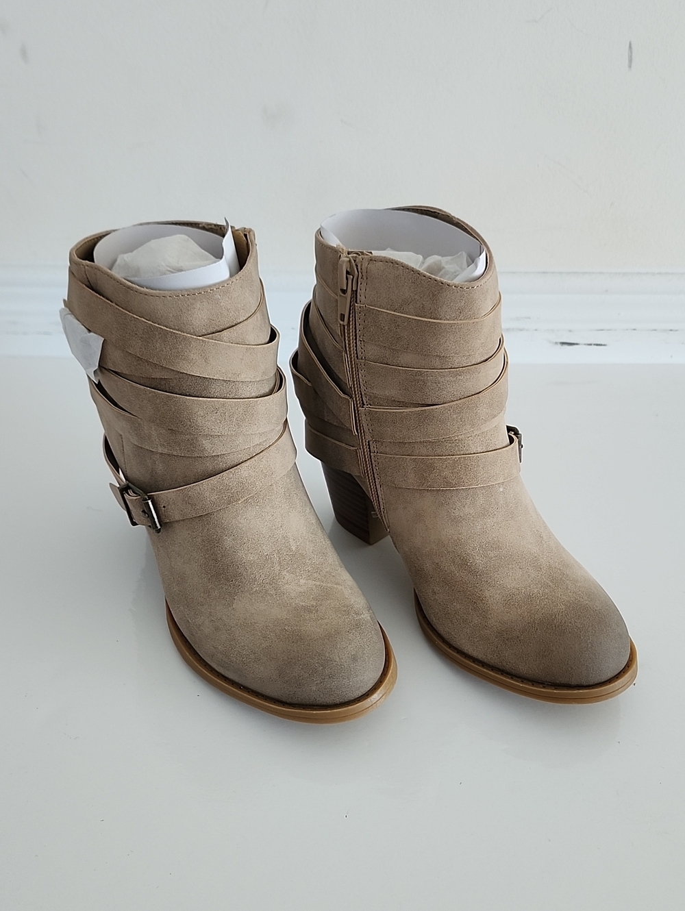 JustFab Taupe Suede Wrap-Strap Ankle Booties
